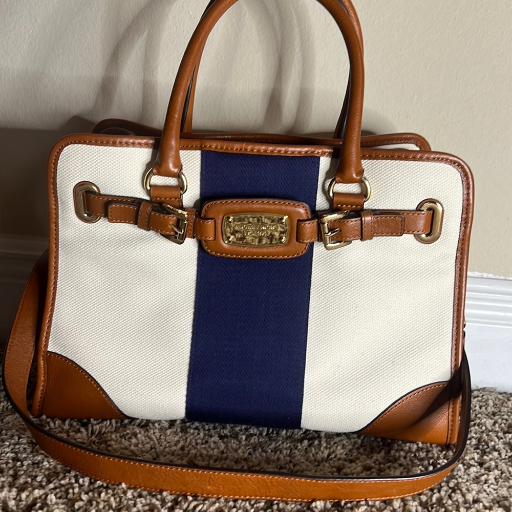 Michael Kors purse- cream, tan and navy with gold accents